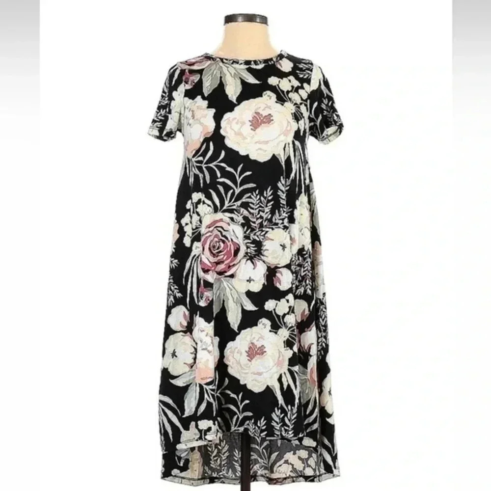 LuLaRoe Carly High Low Resort Tropical Floral Midi Dress Size XXS Oversized EUC